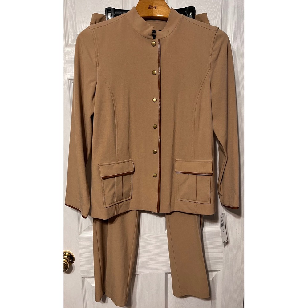 Norton Studio Womens Nehru Collar Tan Pant‎ Suit Faux Leather Trim Size 12 NEW